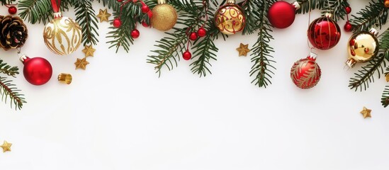 A festive Christmas decor with colorful fir-tree ornaments in gold and red on a white backdrop, featuring a new twist of toy decorations resembling hanging balloons, with clear copy space in the