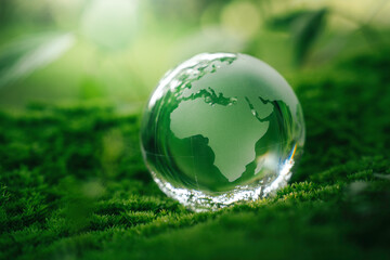Crystal globe glass on green moss in forest to protect nature Save and care World for sustainable. concept of the environment ecology and Earth Day. eco environment and ESG concept..