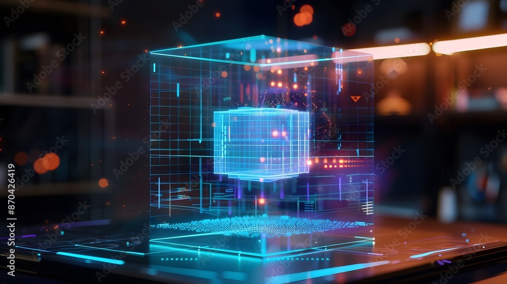 Poster a holographic display projecting a 3d model in mid-air, generative ai