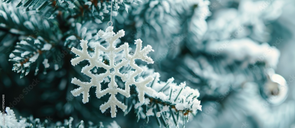 Poster christmas tree decorated with a delicate snowflake ornament with copy space image.