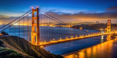 Night view of the iconic Golden Gate Bridge with city lights in the background, San Francisco