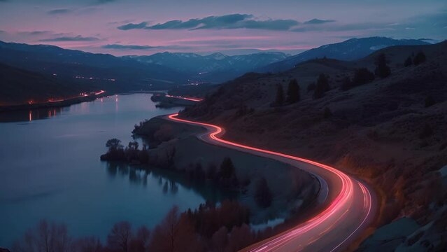 Hidden amidst the mountains a glistening lake is surrounded by the vibrant light trails of cars moving on the winding roads nearby.