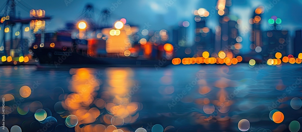 Poster blurry cityscape by a river at night with vibrant lights and circles creating a bokeh effect, featur