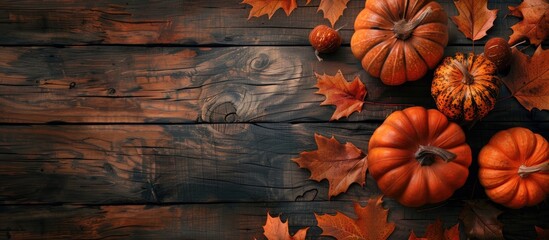 Autumn-themed composition featuring pumpkins, leaves on a wooden background for copy space image. Ideal for fall harvest, thanksgiving, or halloween invitation cards.