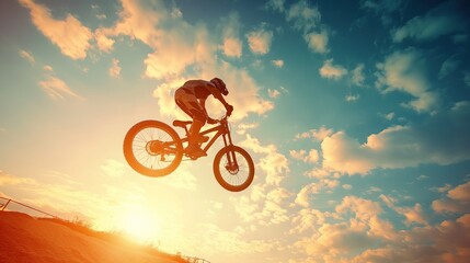 Obraz premium Mountain biker performing a jump during sunset with dramatic clouds in the background.