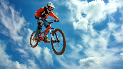 Mountain biker performing a high jump with a cloudy sky background.
