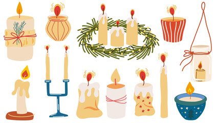 Christmas candles on candlesticks, holders, in lanterns. Xmas light decoration set. Candlelight, lamps, festive flame, holiday ornament. Flat graphic vector illustrations isolated on white background