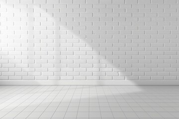 Fototapeta premium Empty white brick wall with tiled floor, illuminated by natural light, interior design.