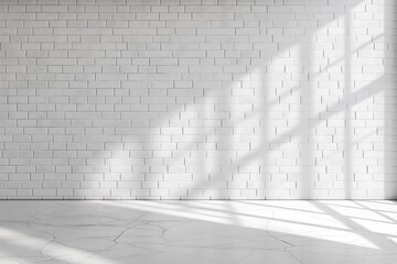 Empty white brick wall and floor with shadows from window, minimalistic interior design.