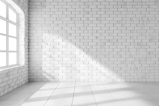 Fototapeta Bright white brick wall and window with sunlight streaming in, minimalist interior space.
