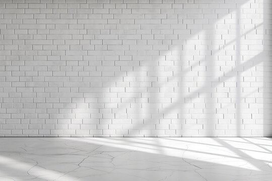 Empty white brick wall and floor with shadows from window, minimalistic interior design. - Powered by Adobe