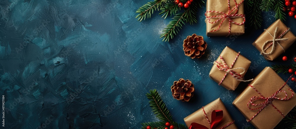 Poster top-down view of a christmas card design featuring gifts placed on a blue backdrop, with ample space