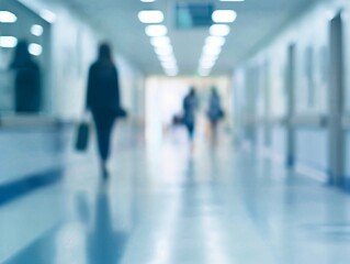 Blurred image of people walking through a bright hallway, capturing a sense of motion and daily activity in a modern indoor space.