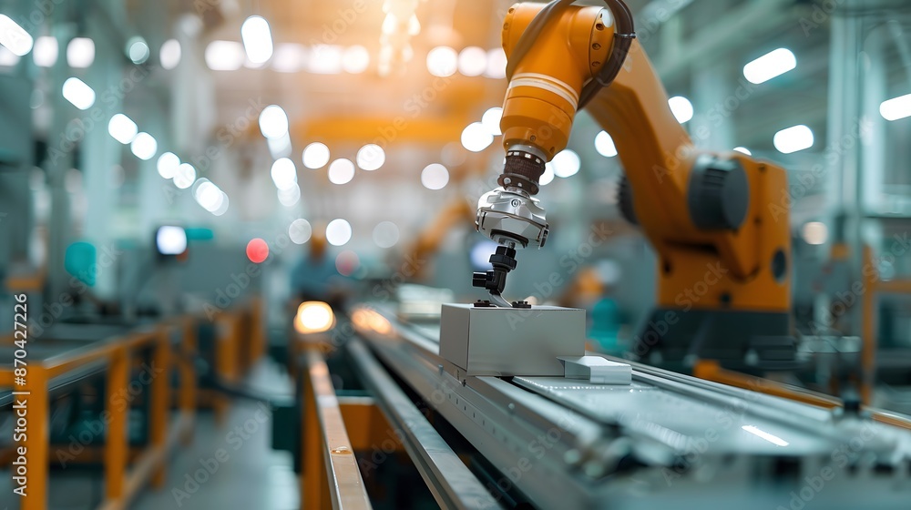 Poster a robot arm assembling a product in a factory, generative ai