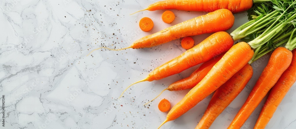 Poster ripe carrots, sliced and whole, displayed on a white marble surface for text placement in a flat lay