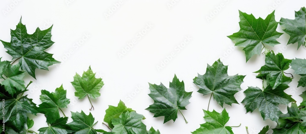 Poster green maple leaves displayed with a white backdrop, allowing for copy space image.