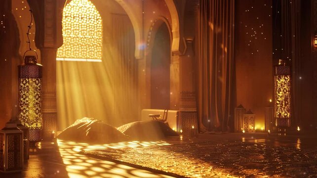 an arabiclooking golden luxury scene, in the style of oriental minimalism, confessional, warm tones