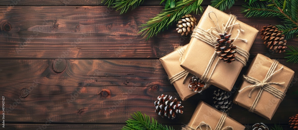 Poster top view of christmas-themed gifts and pine cones on a background with ample copy space image for te