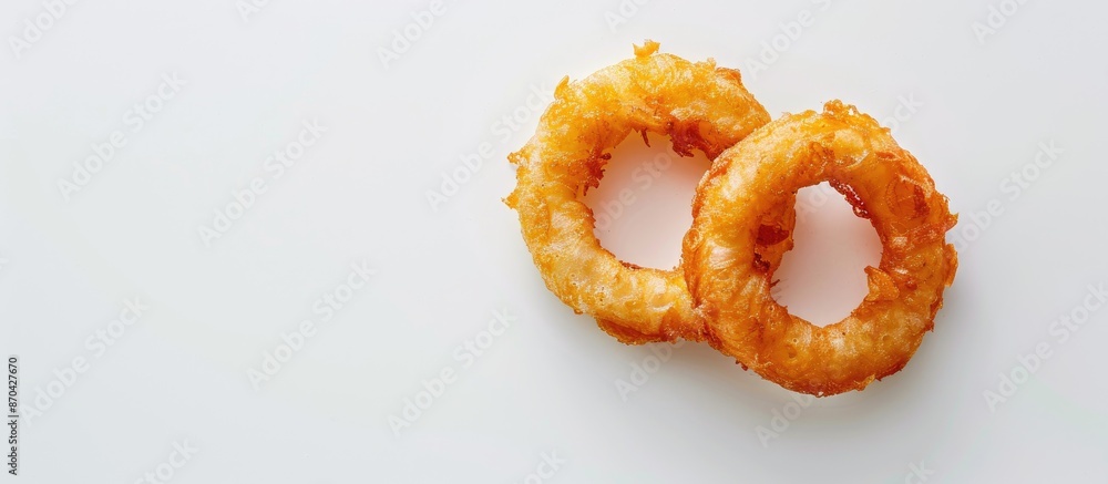 Poster a crispy onion ring fried and placed on a clean white backdrop showcasing ample copy space for addit