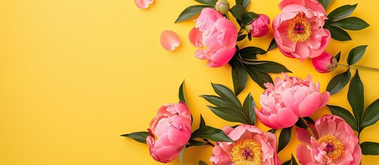 Top view flat lay of gorgeous pink peonies on a sunny yellow backdrop, featuring a spacious area for additional content in the image, like copy.