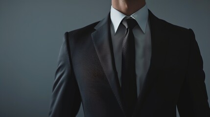 A model wearing a classic black men's suit with a white shirt and tie, standing against a grey background.