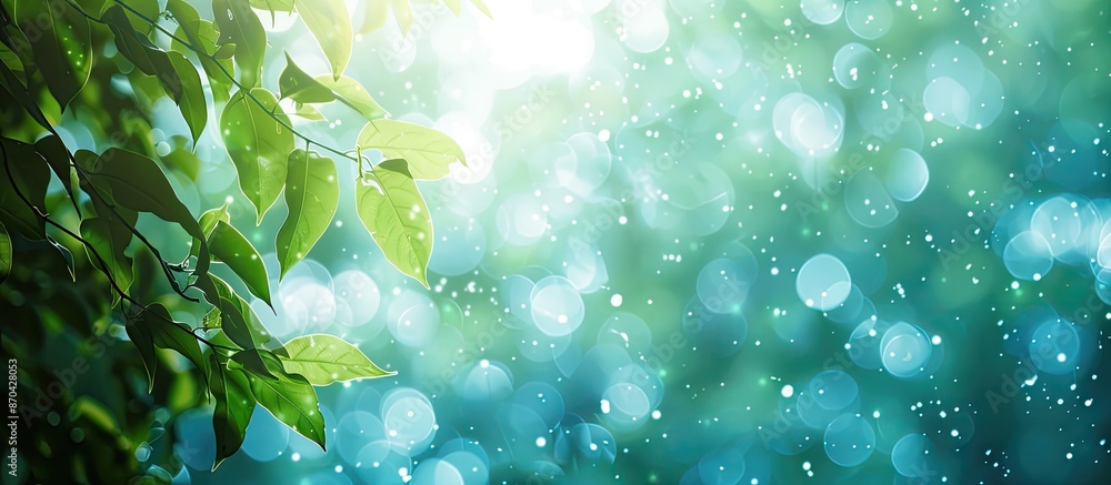 Poster blurry summer background with blue and green hues, leafy vegetation blending with the sky, featuring