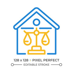 Property law two color line icon. Real estate legal owning. Housing regulation by legislative system bicolor outline symbol. Duotone linear pictogram. Isolated illustration. Editable stroke