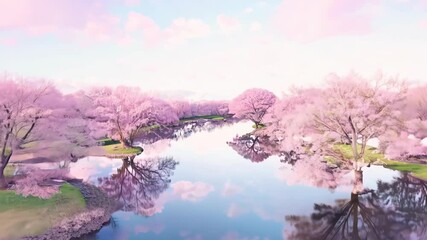 Tranquil river meandering through blooming cherry trees. Soft pink and lavender hues paint the sky and reflect on calm waters. 