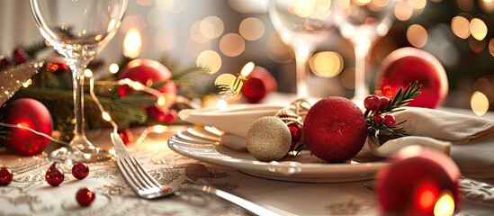 Festive Christmas table setting with xmas balls, fir branch, clean plate, napkin. Merry dinner scene in copy space image with no people.