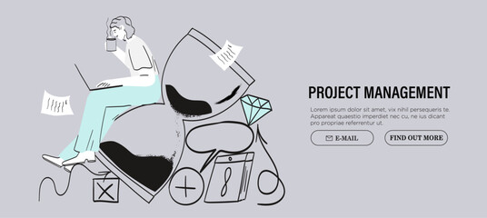 Time management concept. Modern flat digital illustration of time management metaphor, a stopwatch, timeline and people in workflow. Creative vector illustration for web page, banner, poster, ads.