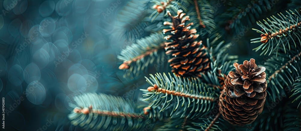 Poster background with tree branches showing cones, copy space image.