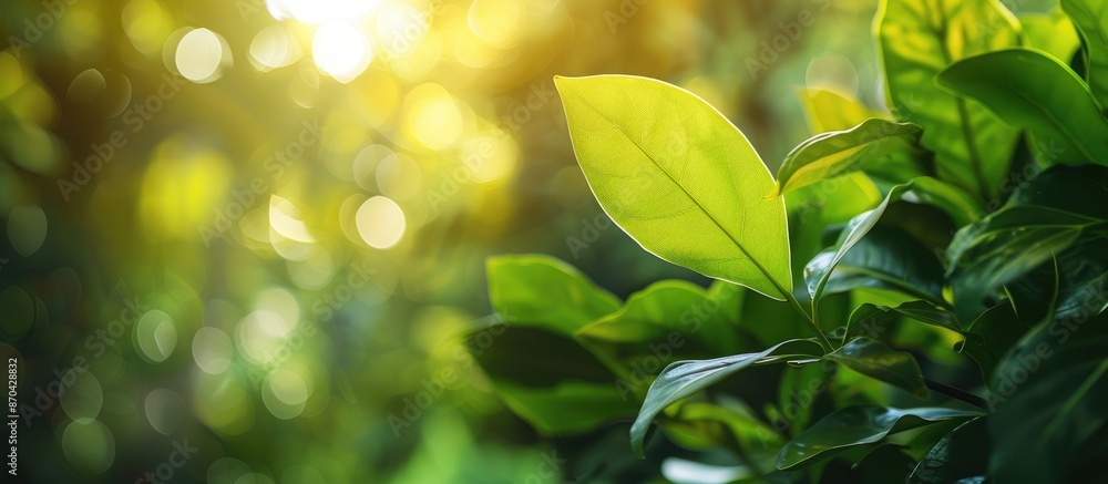 Wall mural Copy space image of a vibrant green leaf set against a blurred backdrop of lush greenery in a garden, bathed in sunlight, evoking a fresh and eco-friendly theme.