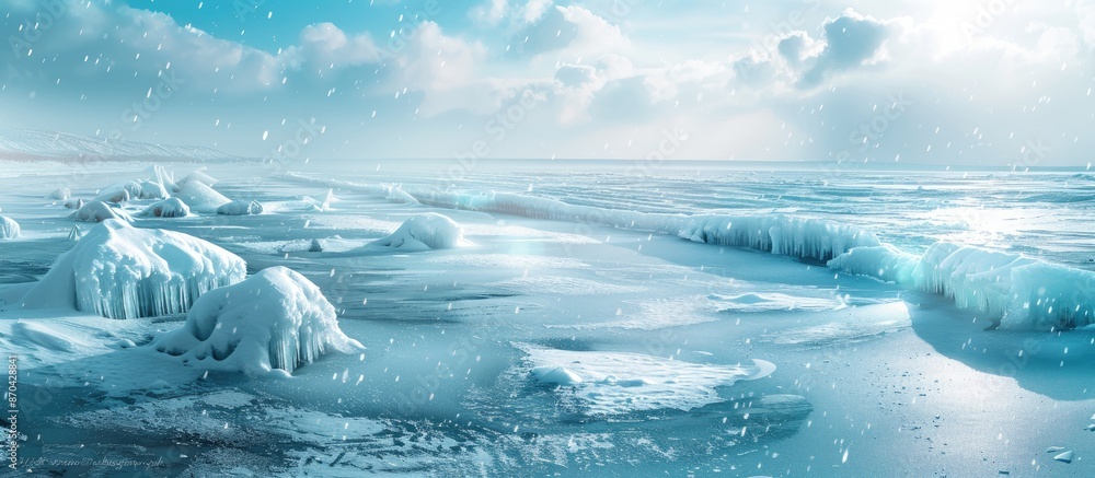 Poster blank mock-up of a unique white and blue winter background with a snowy texture on the ice of frozen