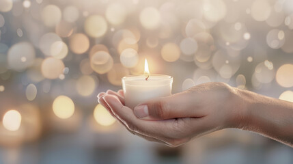 Hand holding a lit candle with a soft bokeh background, personalizing the act of remembrance