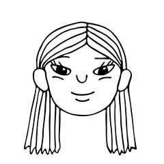 Smiling face of a funny little asian child girl with a straight long hair, black outline isolated on white. Line drawing sketch in doodle style. Vector clipart for children's illustration.