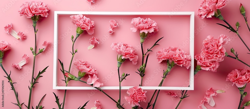 Poster mother's day event design idea: a top view arrangement of pink carnations with a white frame and gre