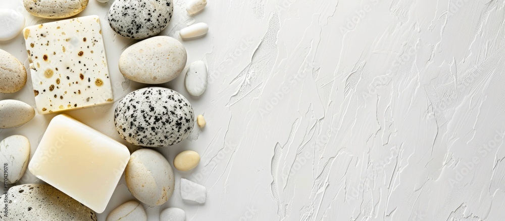 Poster spa stones and soap arranged neatly on a pristine white backdrop with copy space image.