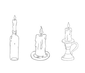 Magic set of candles.  Candles on a glass bottle, on a plate, and in a candlestick, isolated on a white background. Hand-drawn illustration.