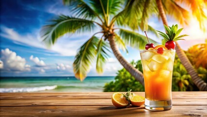 Tropical Mai Tai cocktail with palm trees in the background, vibrant colors, tropical, oasis, Mai Tai, cocktail, palm trees