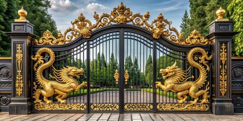 Golden dragons and lucky horseshoe decoration on luxury mansion gate, luxury, mansion, gate, golden, dragons, roaring