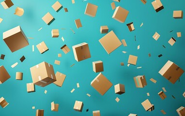 Many cardboard boxes flying in the air on blue background. 3d rendering