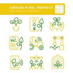 Fototapeta premium Future farming two color line icons set. Modern agriculture. High tech. Artificial intelligence. Smart farms bicolor outline iconset isolated. Duotone pictograms thin linear. Editable stroke