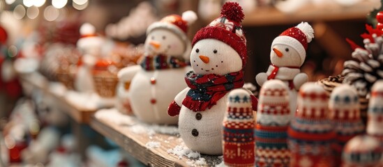 Obraz premium Craftsmen's fair displaying a variety of beautifully crafted handmade toys for Christmas and New Year with copy space image.