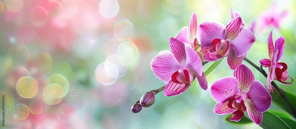 Poster orchids in full bloom on a stem with a blurred background, perfect for a copy space image.