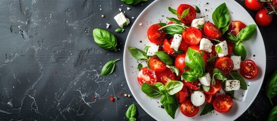 Tomato salad with basil and cheese displayed on white plates against a dark rustic backdrop, providing copy space image.