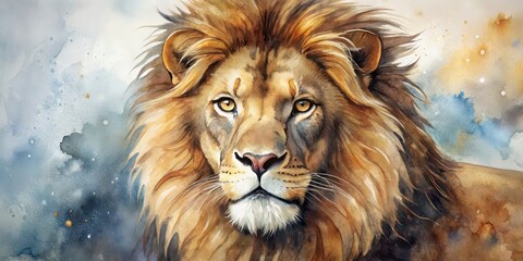 Realistic watercolor painting of a fierce lion, showcasing intricate details in its mane and eyes , lion, watercolor, painting, art