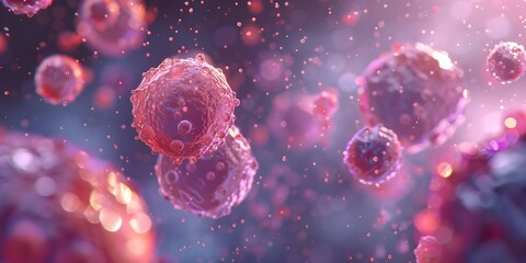 Obraz premium Insulin molecules interacting with fat cells viewed in 3D through microscope. Concept Biomedical Imaging, Molecular Interactions, Insulin Research, Cellular Biology, Microscopic Analysis