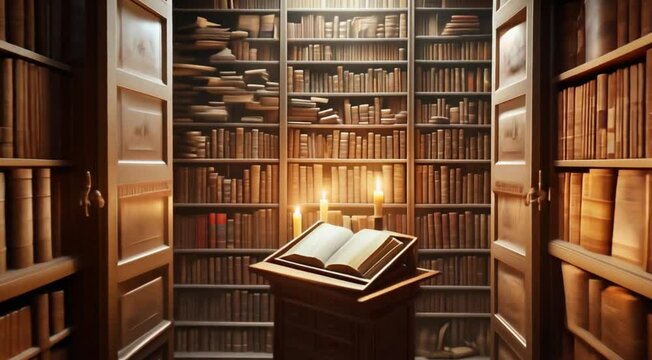A library with a book on a table in the middle. The book is open to a page with a candle on it. The candle is lit, and the room is dimly lit. The atmosphere is quiet and peaceful