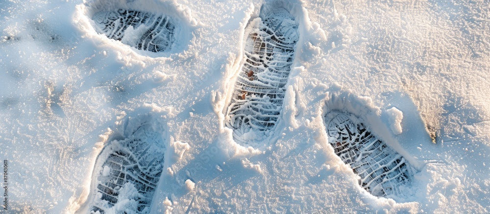 Aufkleber imprints in the snowy landscape display shoe prints with available copy space image.