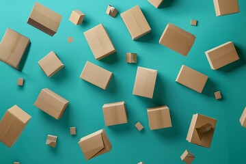 Many cardboard boxes flying in the air on blue background. 3d rendering